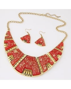 Golden Spots Embellished Arch Shape Statement Fashion Necklace and Earrings Set - Red