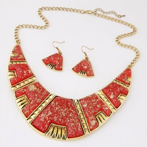 Golden Spots Embellished Arch Shape Statement Fashion Necklace and Earrings Set - Red