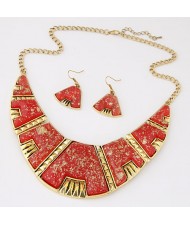 Golden Spots Embellished Arch Shape Statement Fashion Necklace and Earrings Set - Red