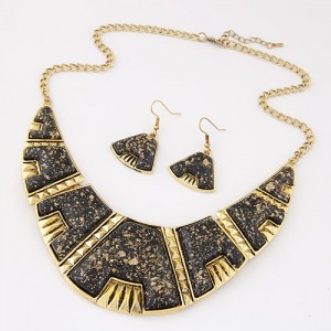 Golden Spots Embellished Arch Shape Statement Fashion Necklace and Earrings Set - Black