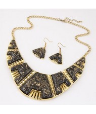 Golden Spots Embellished Arch Shape Statement Fashion Necklace and Earrings Set - Black