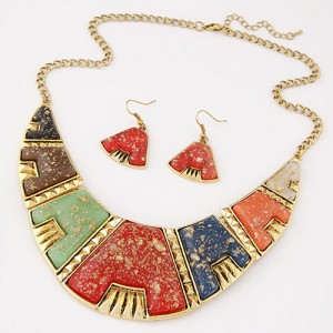 Golden Spots Embellished Arch Shape Statement Fashion Necklace and Earrings Set - Multicolor
