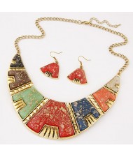 Golden Spots Embellished Arch Shape Statement Fashion Necklace and Earrings Set - Multicolor