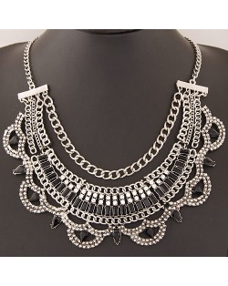 Resin Gems Decorated Multiple Chains Bold Fashion Necklace - Silver