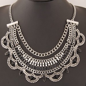 Resin Gems Decorated Multiple Chains Bold Fashion Necklace - Silver