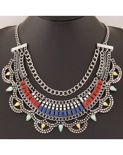 Resin Gems Decorated Multiple Chains Bold Fashion Necklace - Silver and Colorful