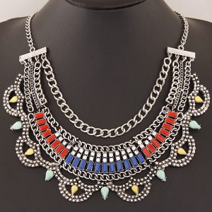 Resin Gems Decorated Multiple Chains Bold Fashion Necklace - Silver and Colorful