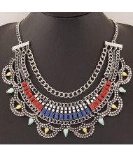 Resin Gems Decorated Multiple Chains Bold Fashion Necklace - Silver and Colorful