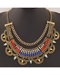 Resin Gems Decorated Multiple Chains Bold Fashion Necklace - Copper and Colorful