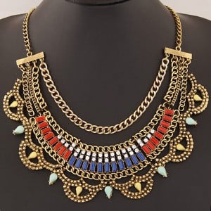 Resin Gems Decorated Multiple Chains Bold Fashion Necklace - Copper and Colorful