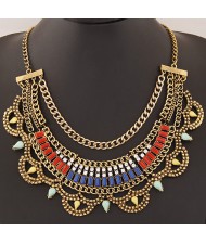 Resin Gems Decorated Multiple Chains Bold Fashion Necklace - Copper and Colorful
