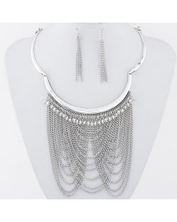 Max Alloy Chains Tassel Style Statement Fashion Necklace and Earrings Set - Silver