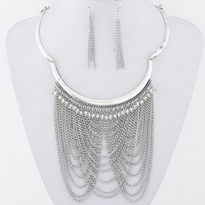 Max Alloy Chains Tassel Style Statement Fashion Necklace and Earrings Set - Silver