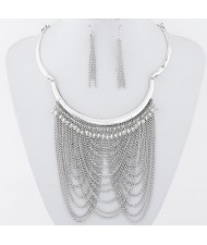 Max Alloy Chains Tassel Style Statement Fashion Necklace and Earrings Set - Silver