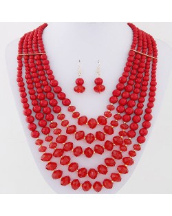 Bohemian Fashion Multiple Layers Acrylic Beads Necklace and Earrings Set - Red