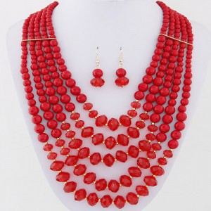 Bohemian Fashion Multiple Layers Acrylic Beads Necklace and Earrings Set - Red