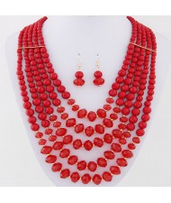 Bohemian Fashion Multiple Layers Acrylic Beads Necklace and Earrings Set - Red