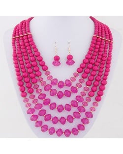 Bohemian Fashion Multiple Layers Acrylic Beads Necklace and Earrings Set - Rose