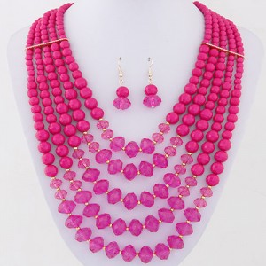Bohemian Fashion Multiple Layers Acrylic Beads Necklace and Earrings Set - Rose