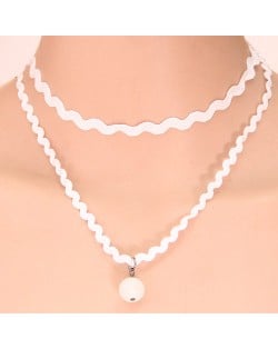 Baroque Fashion Dual-layer Lace with Bead Pendant Necklace - White