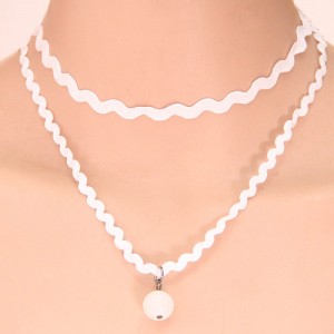 Baroque Fashion Dual-layer Lace with Bead Pendant Necklace - White