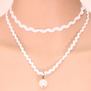 Baroque Fashion Dual-layer Lace with Bead Pendant Necklace - White