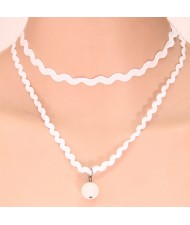 Baroque Fashion Dual-layer Lace with Bead Pendant Necklace - White