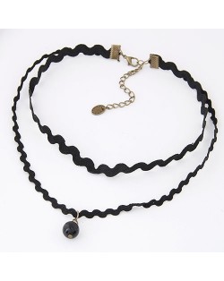 Baroque Fashion Dual-layer Lace with Bead Pendant Necklace - Black