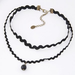 Baroque Fashion Dual-layer Lace with Bead Pendant Necklace - Black