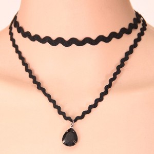 Baroque Design Dual-layer Black Lace with Waterdrop Pendant Fashion Necklace