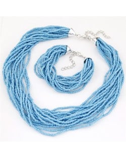 Multiple Threads Bohemian Mini Beads Fashion Necklace and Bracelet Set - Blue