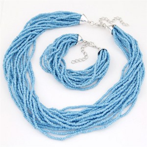 Multiple Threads Bohemian Mini Beads Fashion Necklace and Bracelet Set - Blue