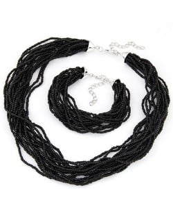 Multiple Threads Bohemian Mini Beads Fashion Necklace and Bracelet Set - Black