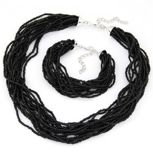 Multiple Threads Bohemian Mini Beads Fashion Necklace and Bracelet Set - Black