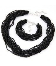 Multiple Threads Bohemian Mini Beads Fashion Necklace and Bracelet Set - Black