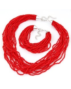 Multiple Threads Bohemian Mini Beads Fashion Necklace and Bracelet Set - Red