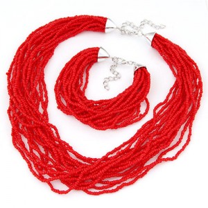 Multiple Threads Bohemian Mini Beads Fashion Necklace and Bracelet Set - Red