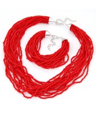 Multiple Threads Bohemian Mini Beads Fashion Necklace and Bracelet Set - Red