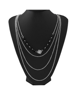 Hollow Rose Cube Pendant Multi-layer Fashion Sweater Chain - Silver