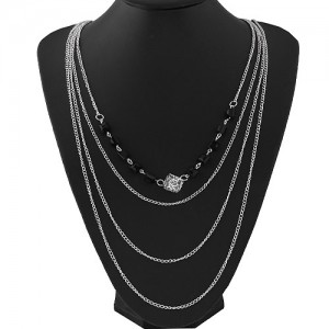 Hollow Rose Cube Pendant Multi-layer Fashion Sweater Chain - Silver