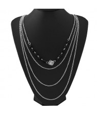 Hollow Rose Cube Pendant Multi-layer Fashion Sweater Chain - Silver