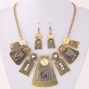 Rhinestone and Resin Gems Inlaid Vintage Geometric Modeling Design Fashion Necklace and Earrings Set - Gray