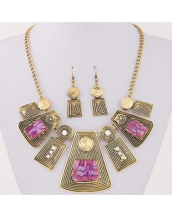 Rhinestone and Resin Gems Inlaid Vintage Geometric Modeling Design Fashion Necklace and Earrings Set - Purple