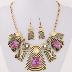 Rhinestone and Resin Gems Inlaid Vintage Geometric Modeling Design Fashion Necklace and Earrings Set - Purple