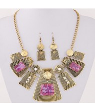 Rhinestone and Resin Gems Inlaid Vintage Geometric Modeling Design Fashion Necklace and Earrings Set - Purple