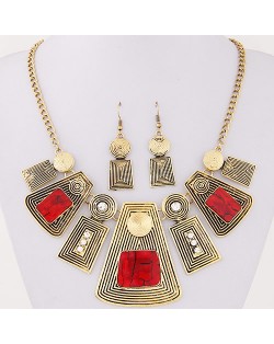 Rhinestone and Resin Gems Inlaid Vintage Geometric Modeling Design Fashion Necklace and Earrings Set - Red