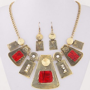 Rhinestone and Resin Gems Inlaid Vintage Geometric Modeling Design Fashion Necklace and Earrings Set - Red