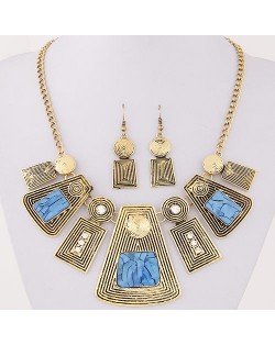 Rhinestone and Resin Gems Inlaid Vintage Geometric Modeling Design Fashion Necklace and Earrings Set - Blue