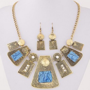 Rhinestone and Resin Gems Inlaid Vintage Geometric Modeling Design Fashion Necklace and Earrings Set - Blue