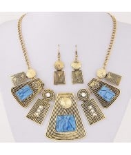 Rhinestone and Resin Gems Inlaid Vintage Geometric Modeling Design Fashion Necklace and Earrings Set - Blue